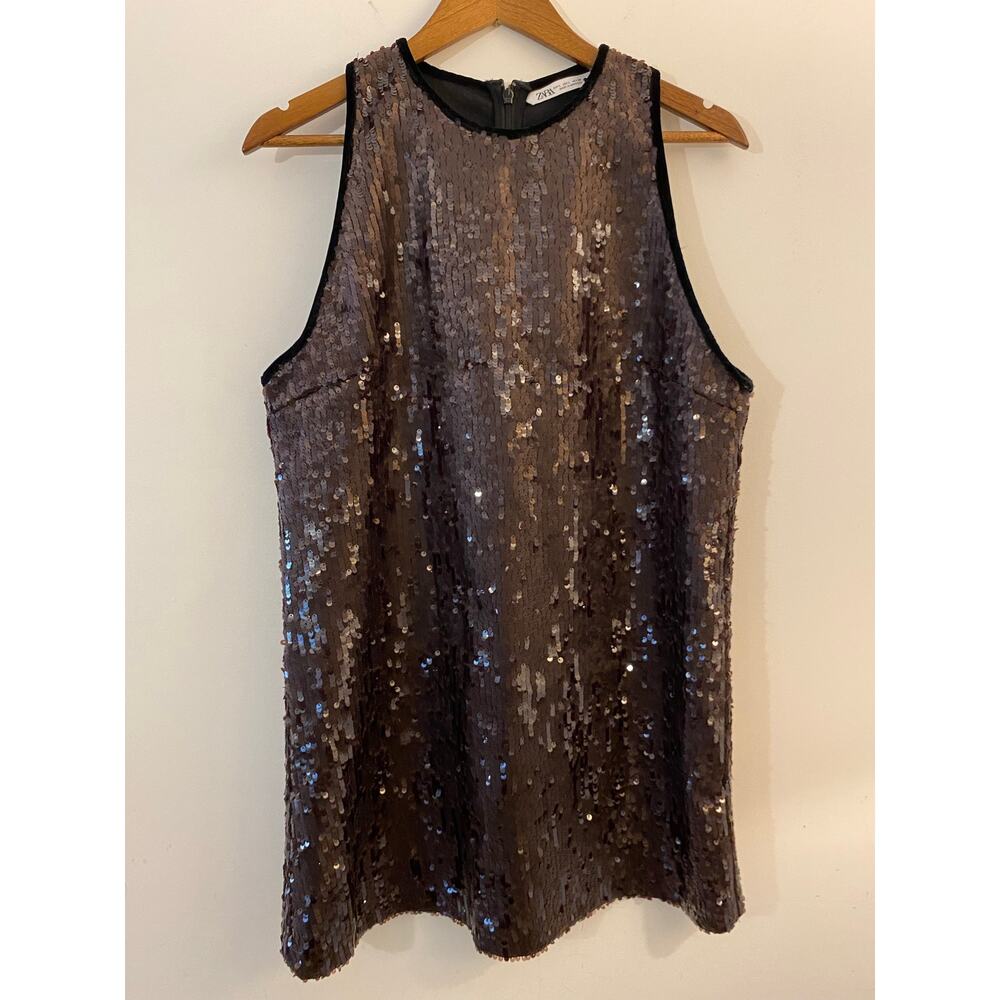 Zara Chocolate Brown Black Sequin Sparkle Velvet Trim Holiday Party Dress Mini L